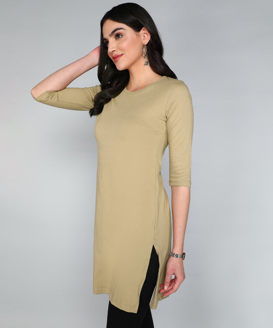 Women's Cotton Plain Round Neck 3/4 Sleeve Long Top