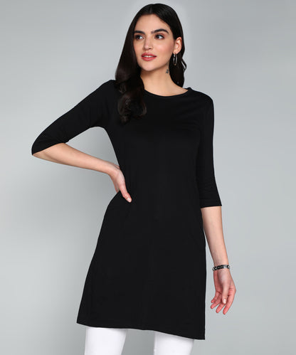 Women's Cotton Plain Round Neck 3/4 Sleeve Long Top