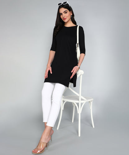 Women's Cotton Plain Round Neck 3/4 Sleeve Long Top