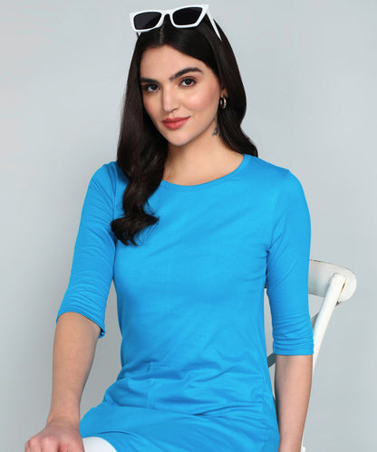 Women's Cotton Plain Round Neck 3/4 Sleeve Long Top