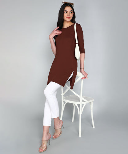 Women's Cotton Plain Round Neck 3/4 Sleeve Long Top