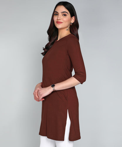Women's Cotton Plain Round Neck 3/4 Sleeve Long Top