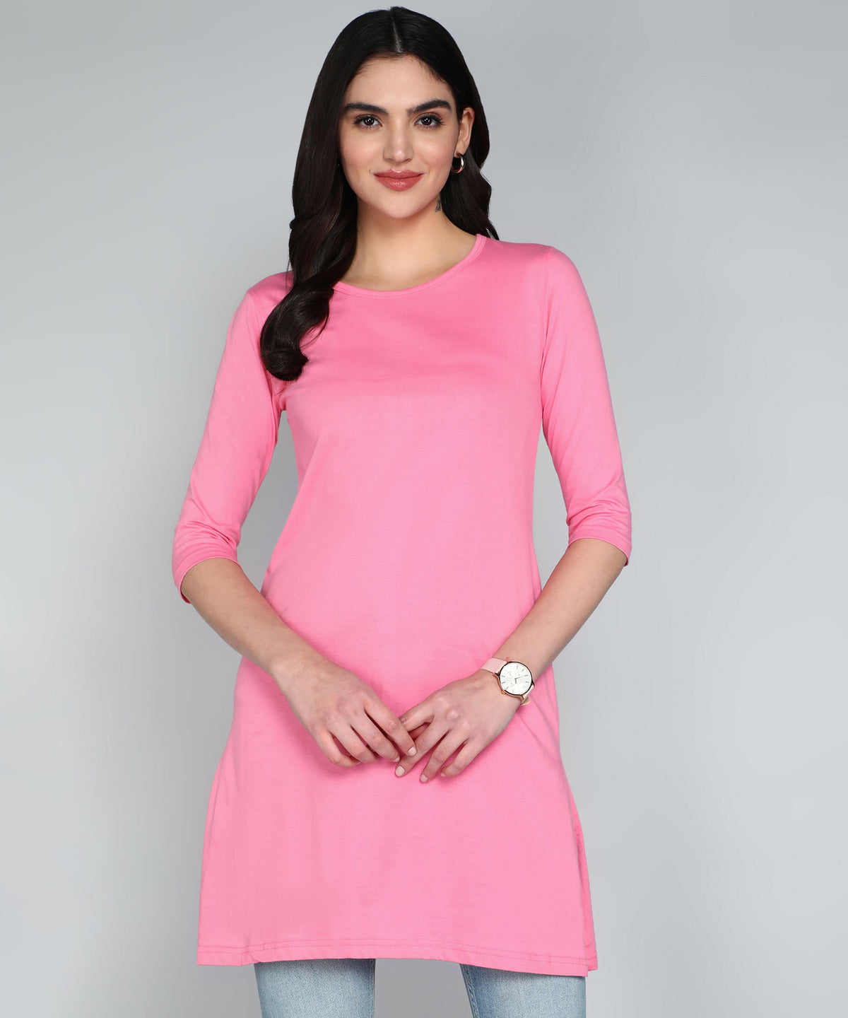 Fleximaa women's plain round-neck 3/4 sleeve long top — Light Pink, front view