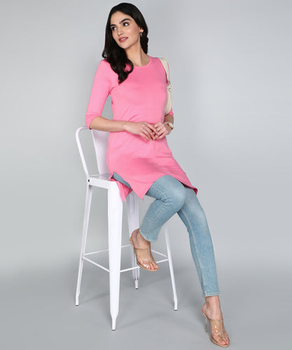 Women's Cotton Plain Round Neck 3/4 Sleeve Long Top