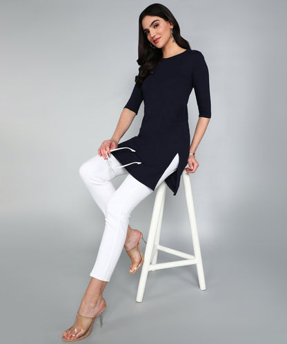 Women's Cotton Plain Round Neck 3/4 Sleeve Long Top