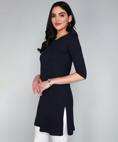 Women's Cotton Plain Round Neck 3/4 Sleeve Long Top