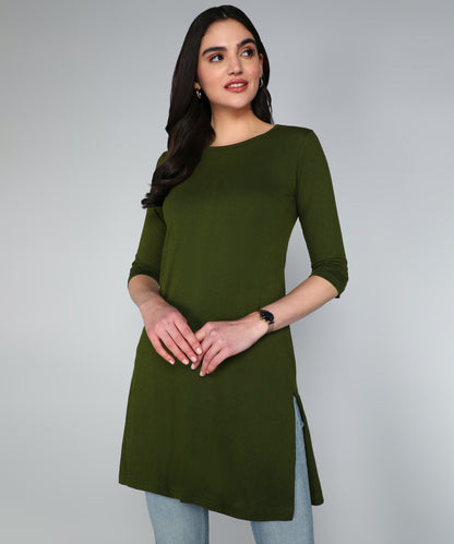 Fleximaa women's plain round-neck 3/4 sleeve long top — Olive Green, front view