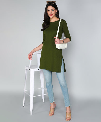 Women's Cotton Plain Round Neck 3/4 Sleeve Long Top