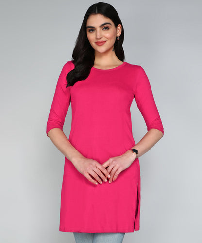 Women's Cotton Plain Round Neck 3/4 Sleeve Long Top