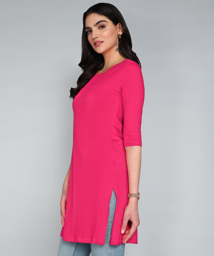 Women's Cotton Plain Round Neck 3/4 Sleeve Long Top