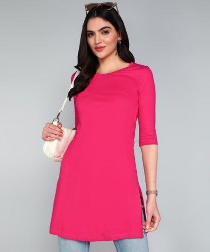 Women's Cotton Plain Round Neck 3/4 Sleeve Long Top