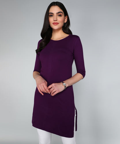 Women's Cotton Plain Round Neck 3/4 Sleeve Long Top
