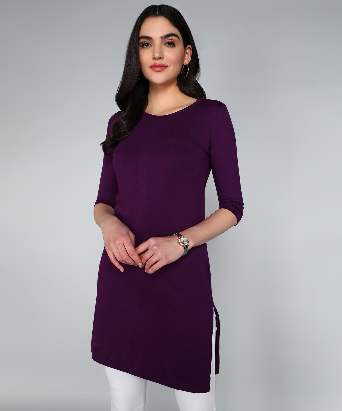 Fleximaa women's plain round-neck 3/4 sleeve long top — Purple, front view