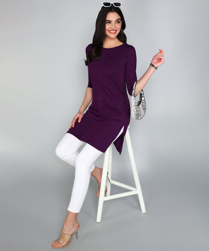 Women's Cotton Plain Round Neck 3/4 Sleeve Long Top