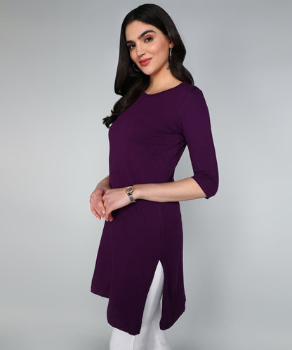 Women's Cotton Plain Round Neck 3/4 Sleeve Long Top