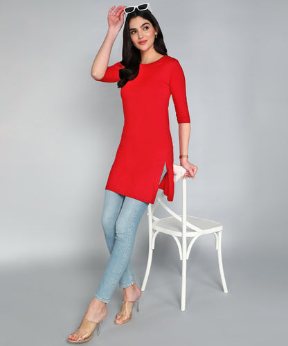Women's Cotton Plain Round Neck 3/4 Sleeve Long Top