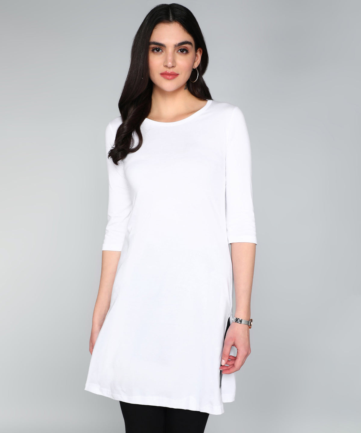 Fleximaa women's plain round-neck 3/4 sleeve long top — White, front view