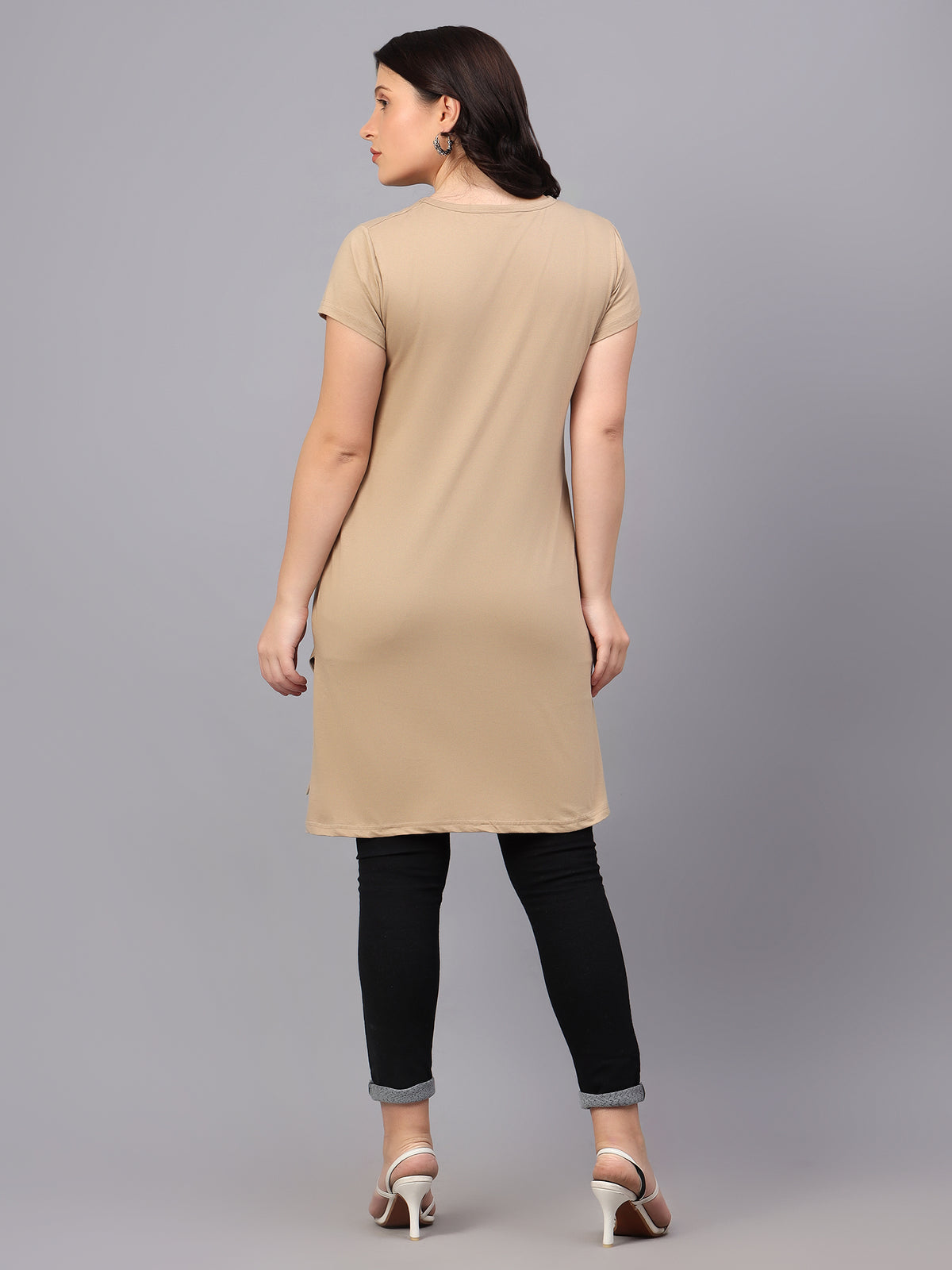Women's Cotton Plain Round Neck Half Sleeve Long Top