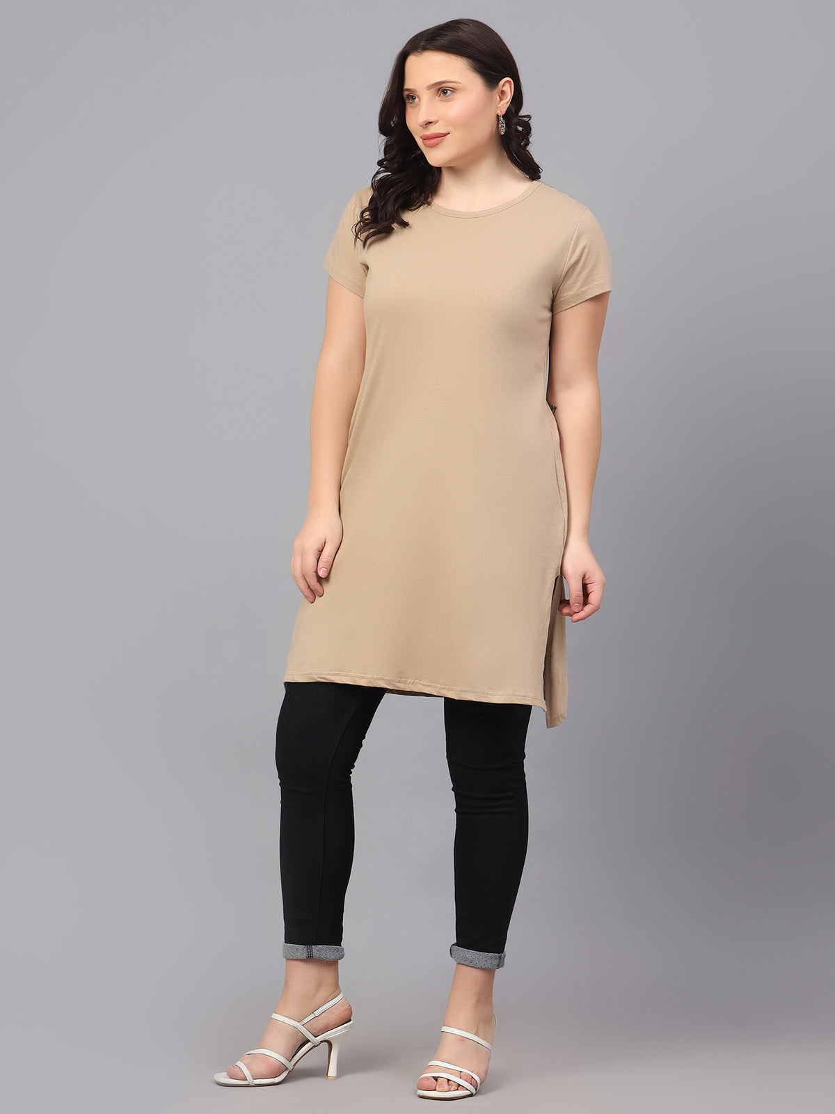 Women's Cotton Plain Round Neck Half Sleeve Long Top
