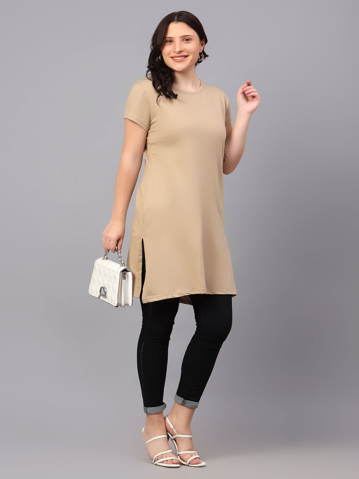 Women's Cotton Plain Round Neck Half Sleeve Long Top