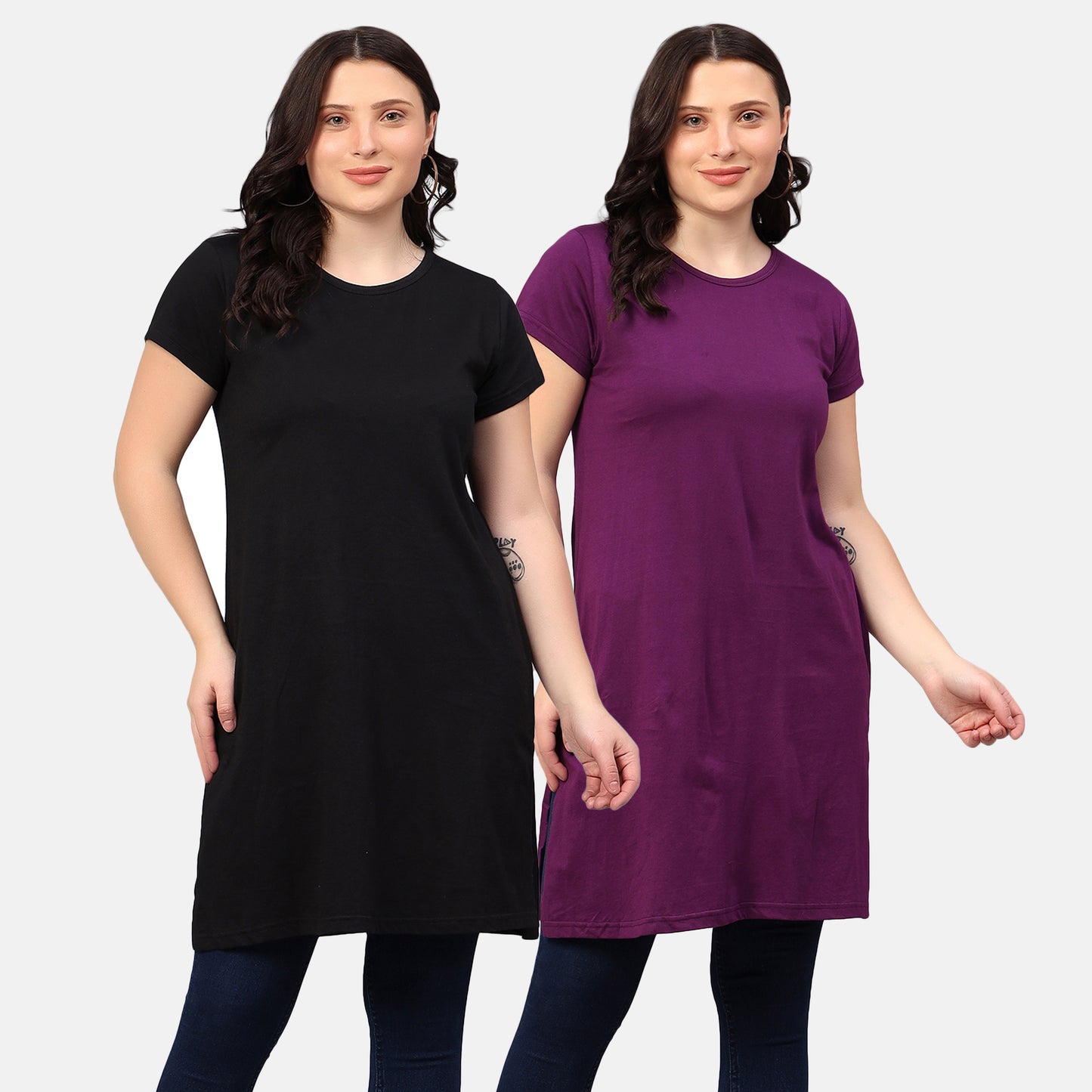 Women's Cotton Plain Round Neck Half Sleeve Long Top (Pack of 2)