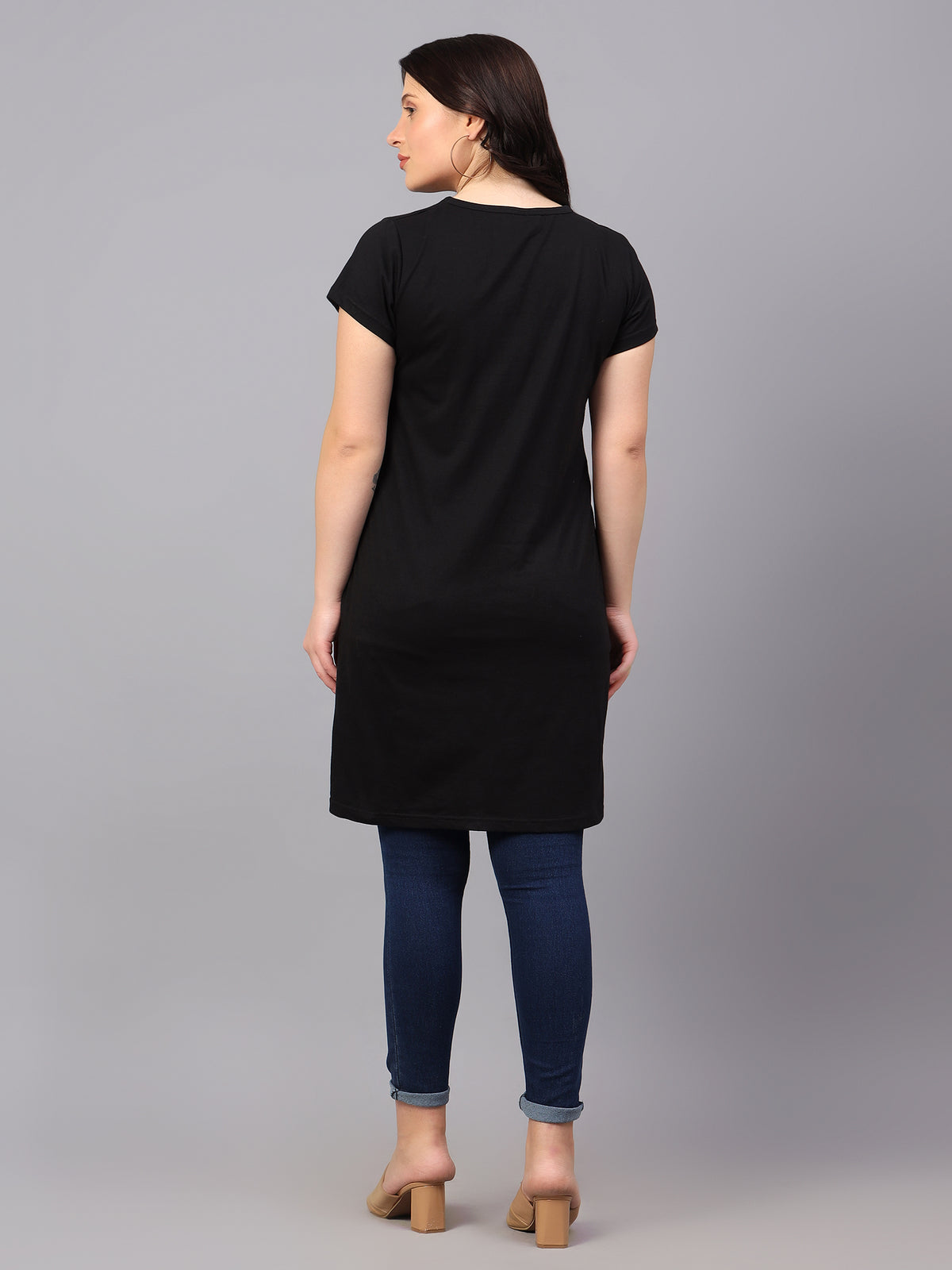Women's Cotton Plain Round Neck Half Sleeve Long Top