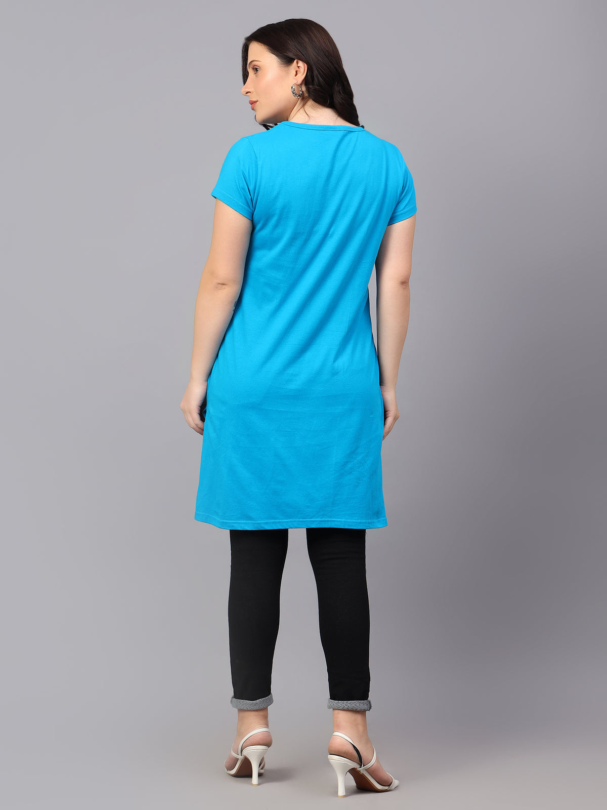 Women's Cotton Plain Round Neck Half Sleeve Long Top