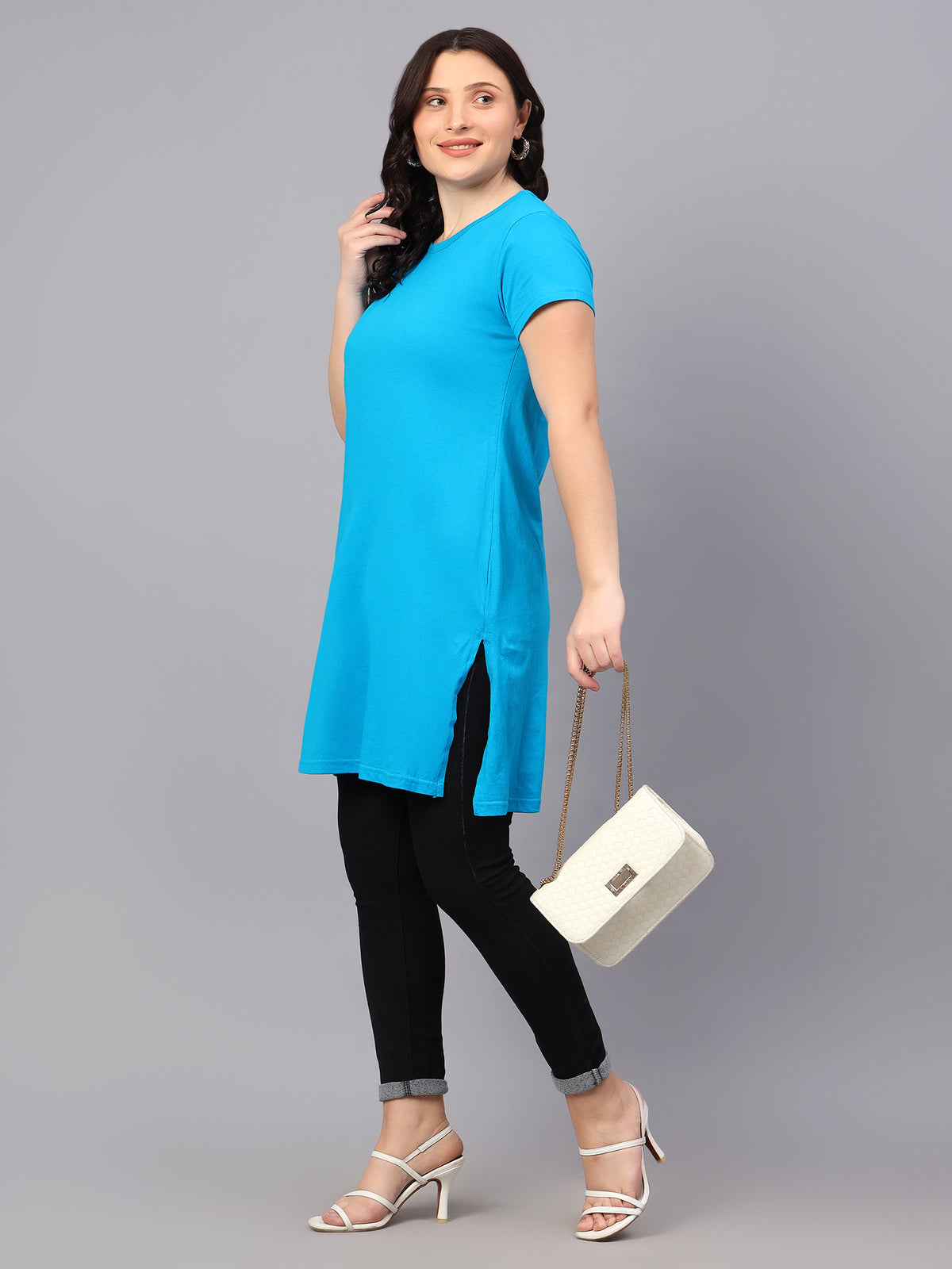 Women's Cotton Plain Round Neck Half Sleeve Long Top