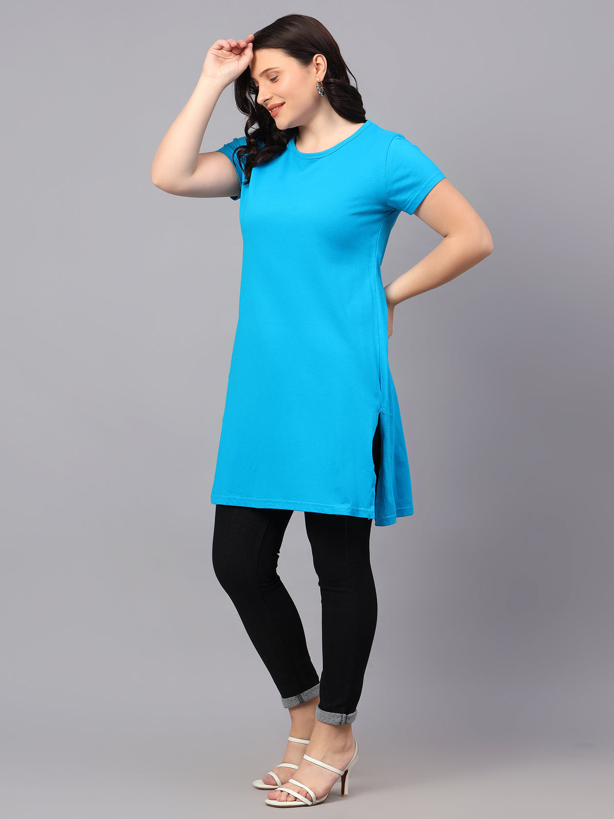 Women's Cotton Plain Round Neck Half Sleeve Long Top