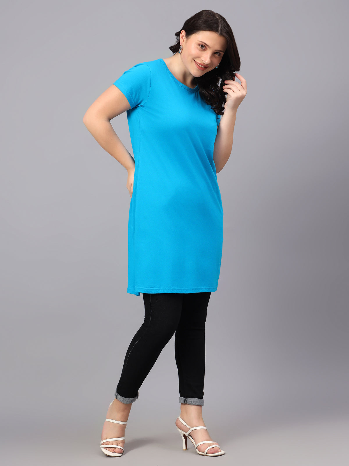 Women's Cotton Plain Round Neck Half Sleeve Long Top