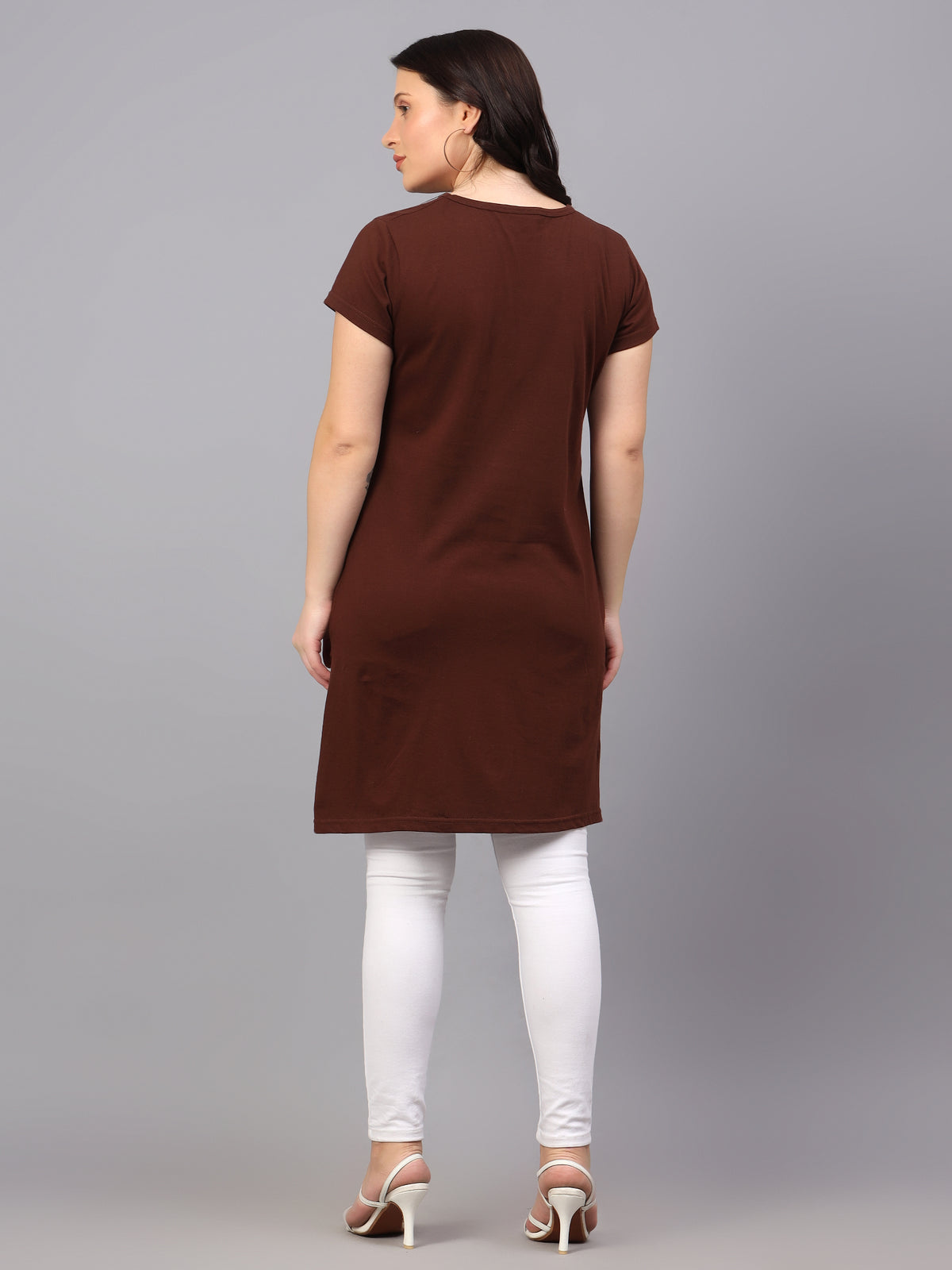 Women's Cotton Plain Round Neck Half Sleeve Long Top