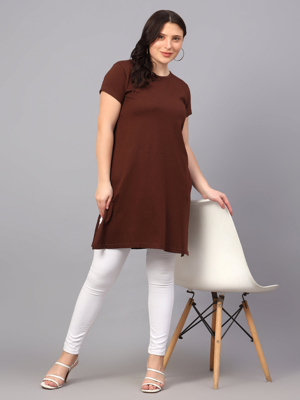 Women's Cotton Plain Round Neck Half Sleeve Long Top
