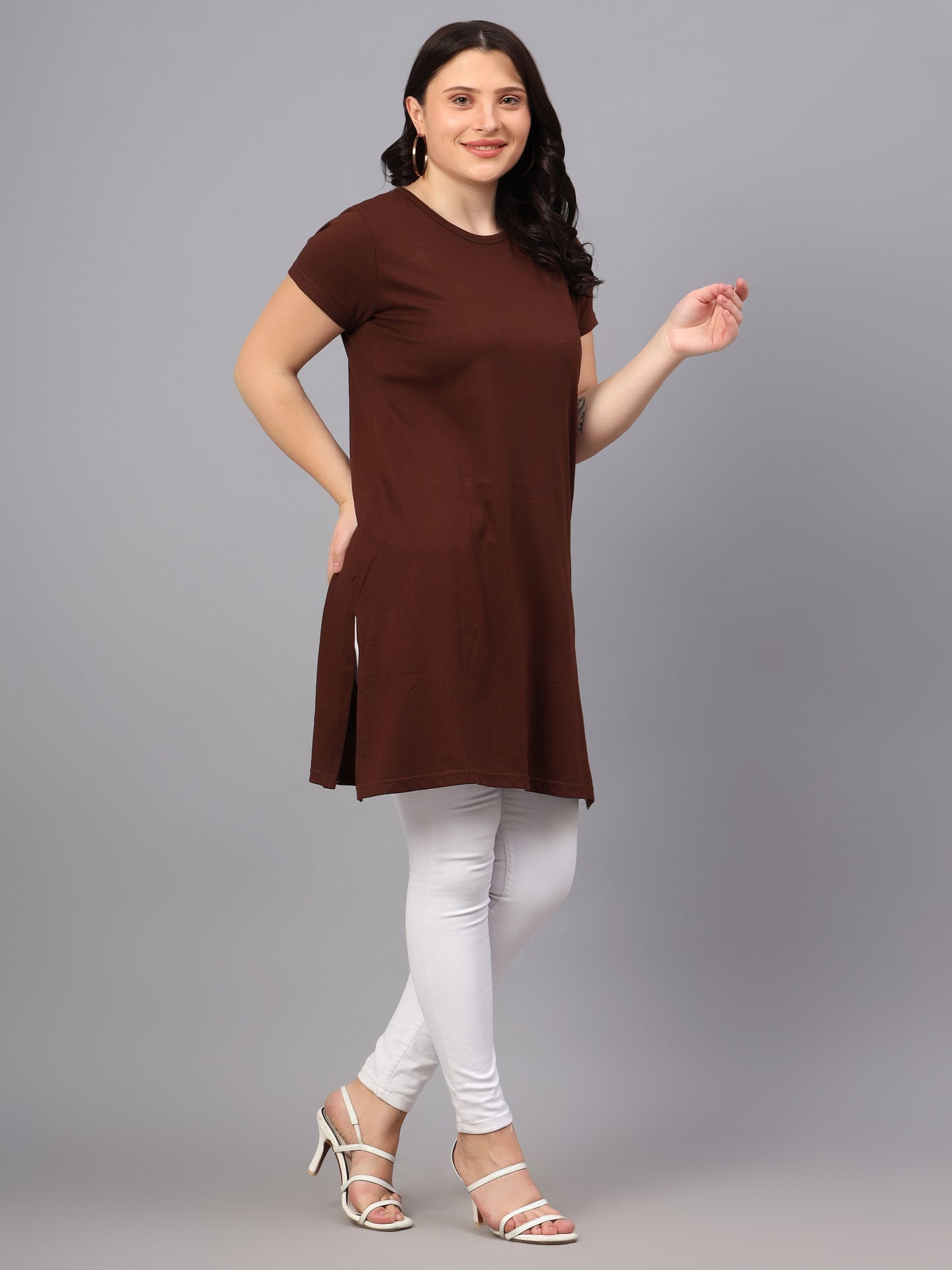 Women's Cotton Plain Round Neck Half Sleeve Long Top (Pack of 2)