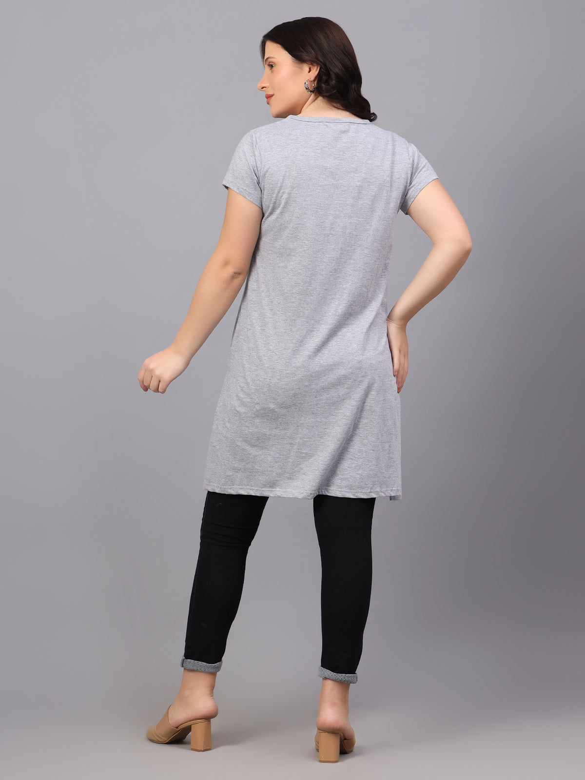 Women's Cotton Plain Round Neck Half Sleeve Long Top