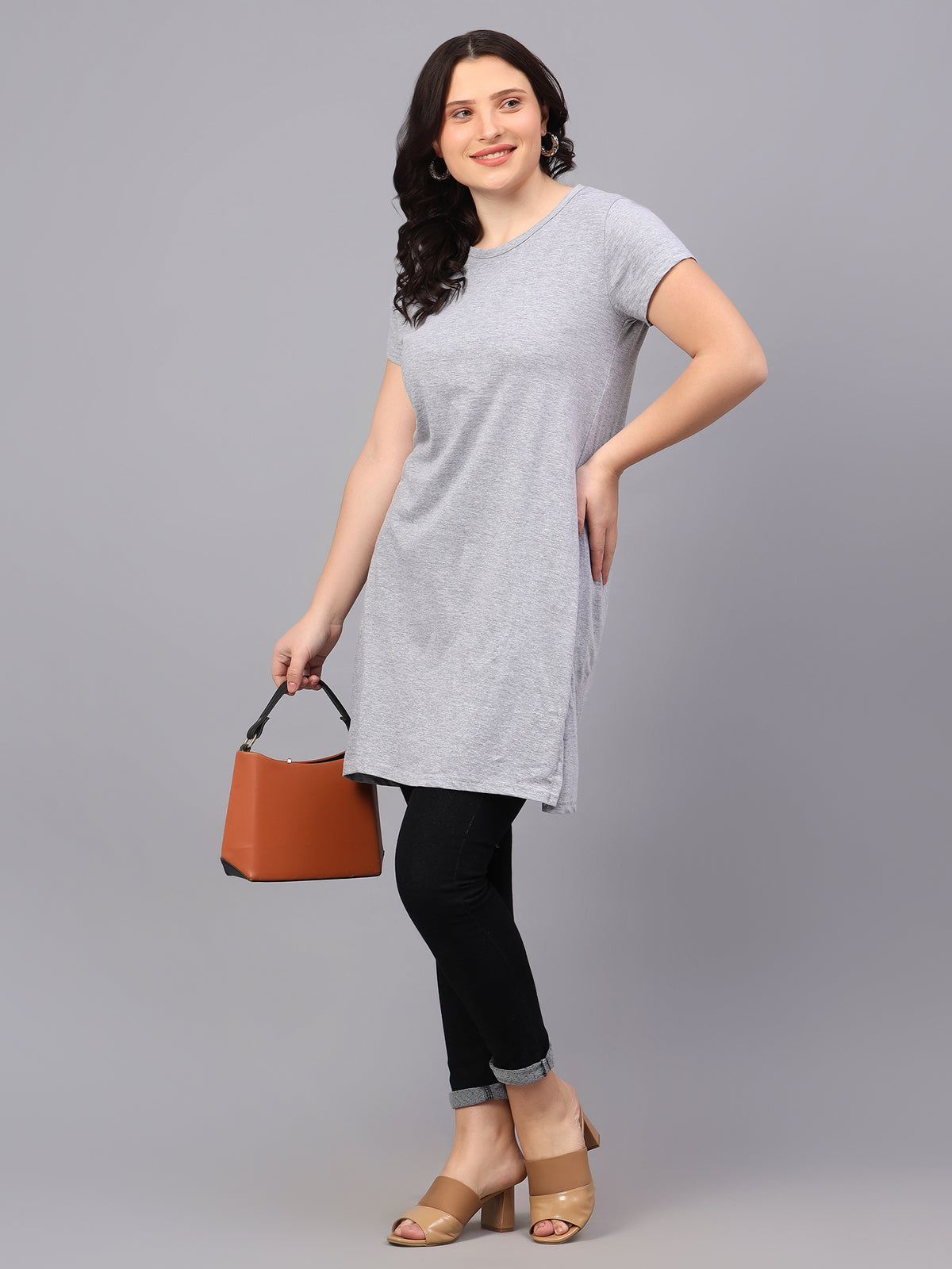 Women's Cotton Plain Round Neck Half Sleeve Long Top
