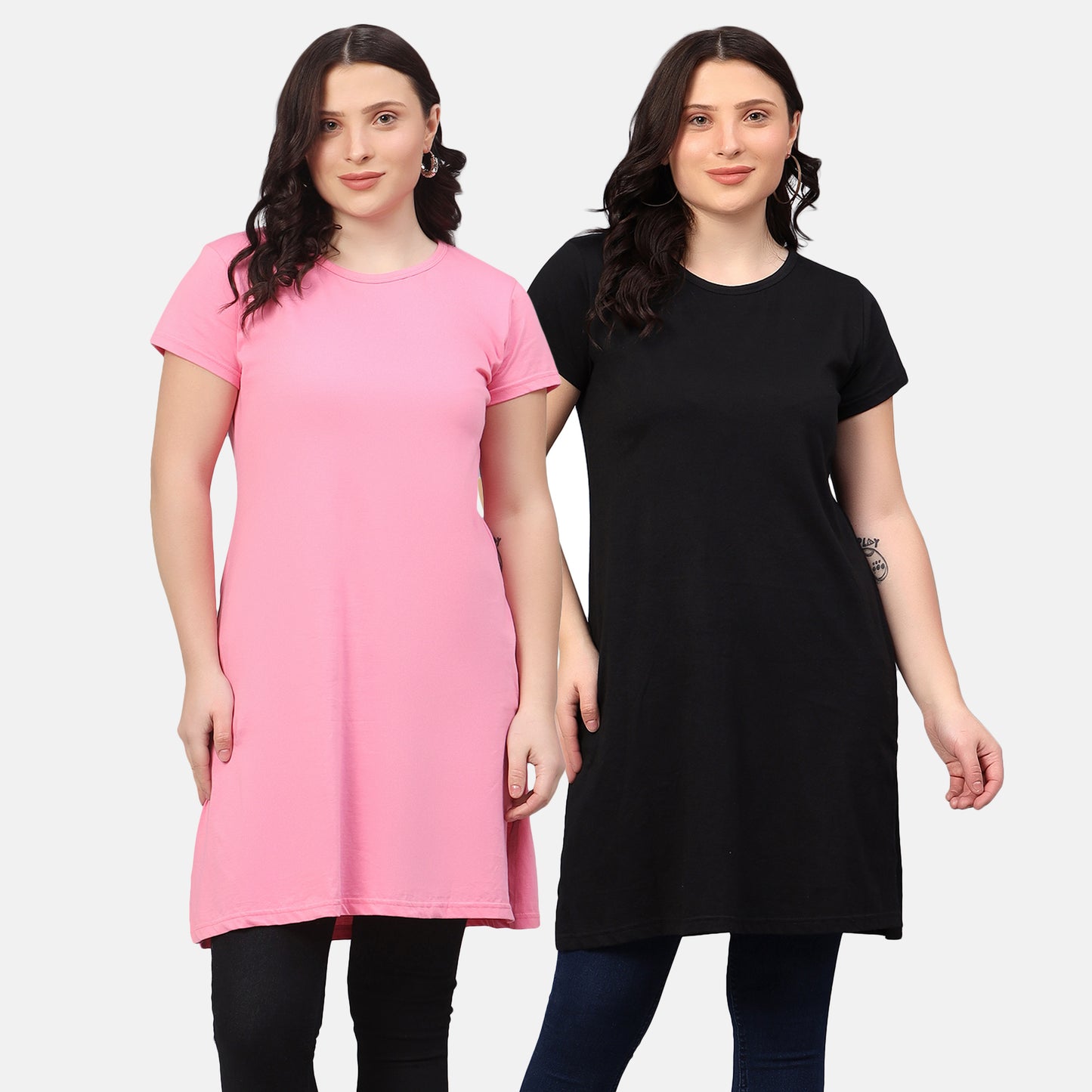 Women's Cotton Plain Round Neck Half Sleeve Long Top (Pack of 2)