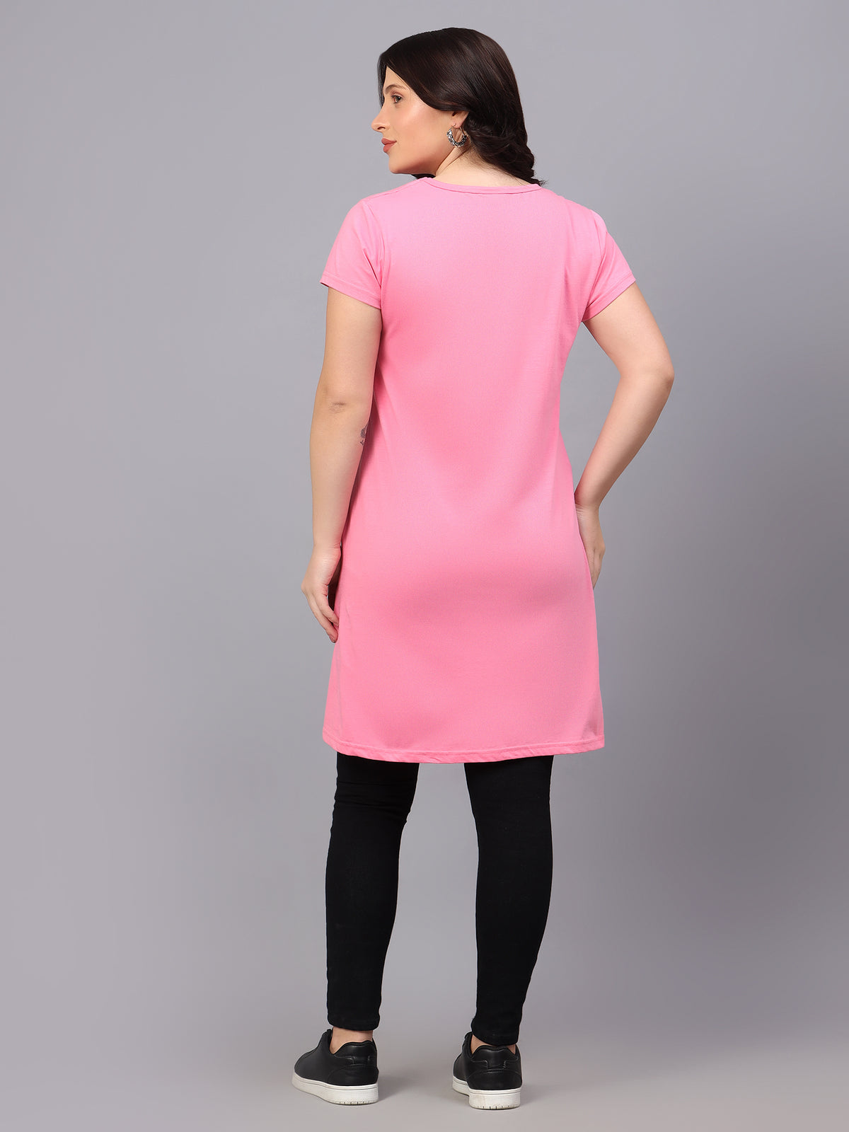Women's Cotton Plain Round Neck Half Sleeve Long Top