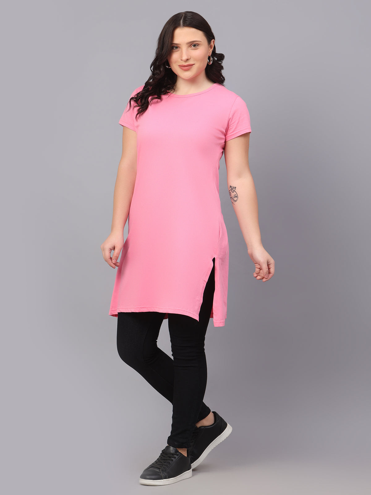 Women's Cotton Plain Round Neck Half Sleeve Long Top