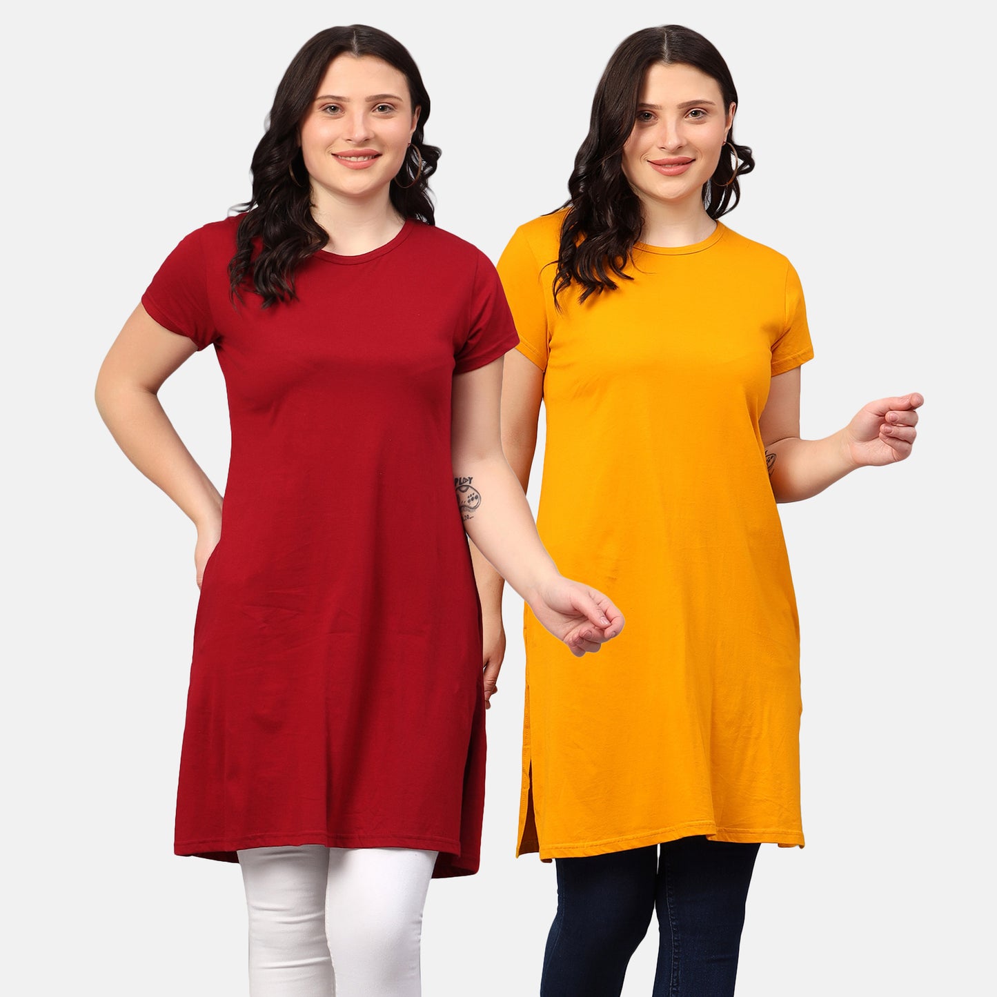 Women's Cotton Plain Round Neck Half Sleeve Long Top (Pack of 2)