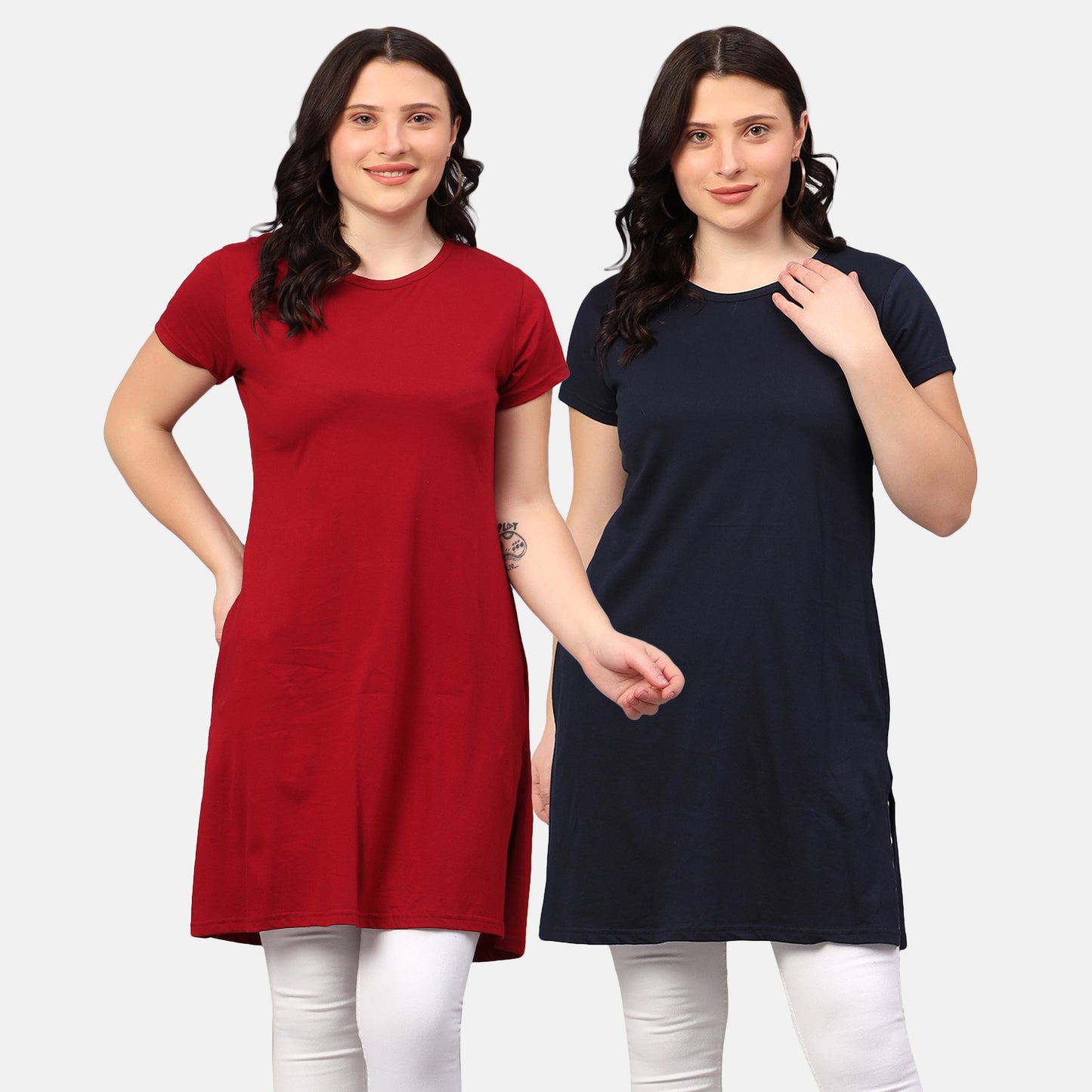 Women's Cotton Plain Round Neck Half Sleeve Long Top (Pack of 2)