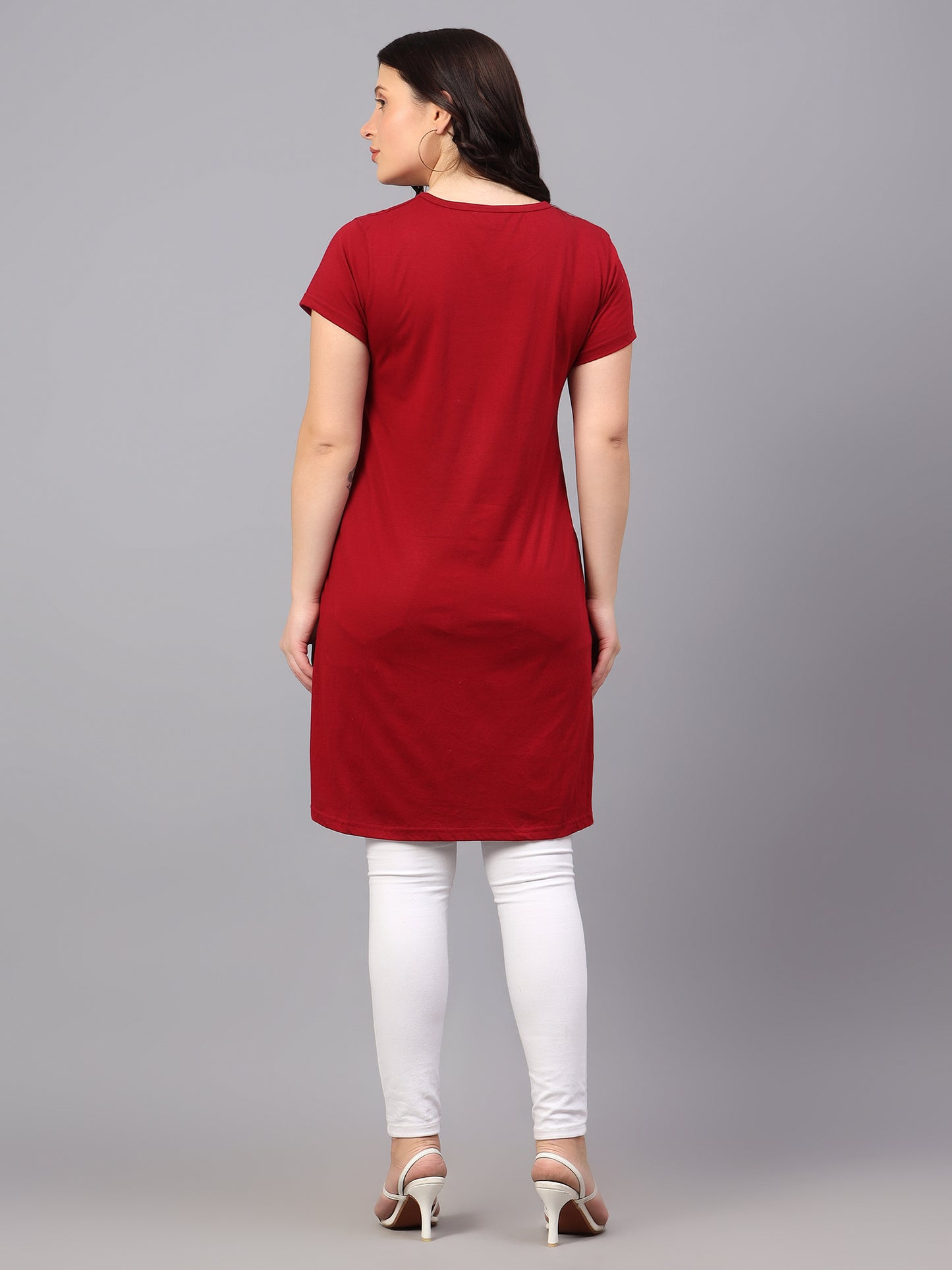 Women's Cotton Plain Round Neck Half Sleeve Long Top