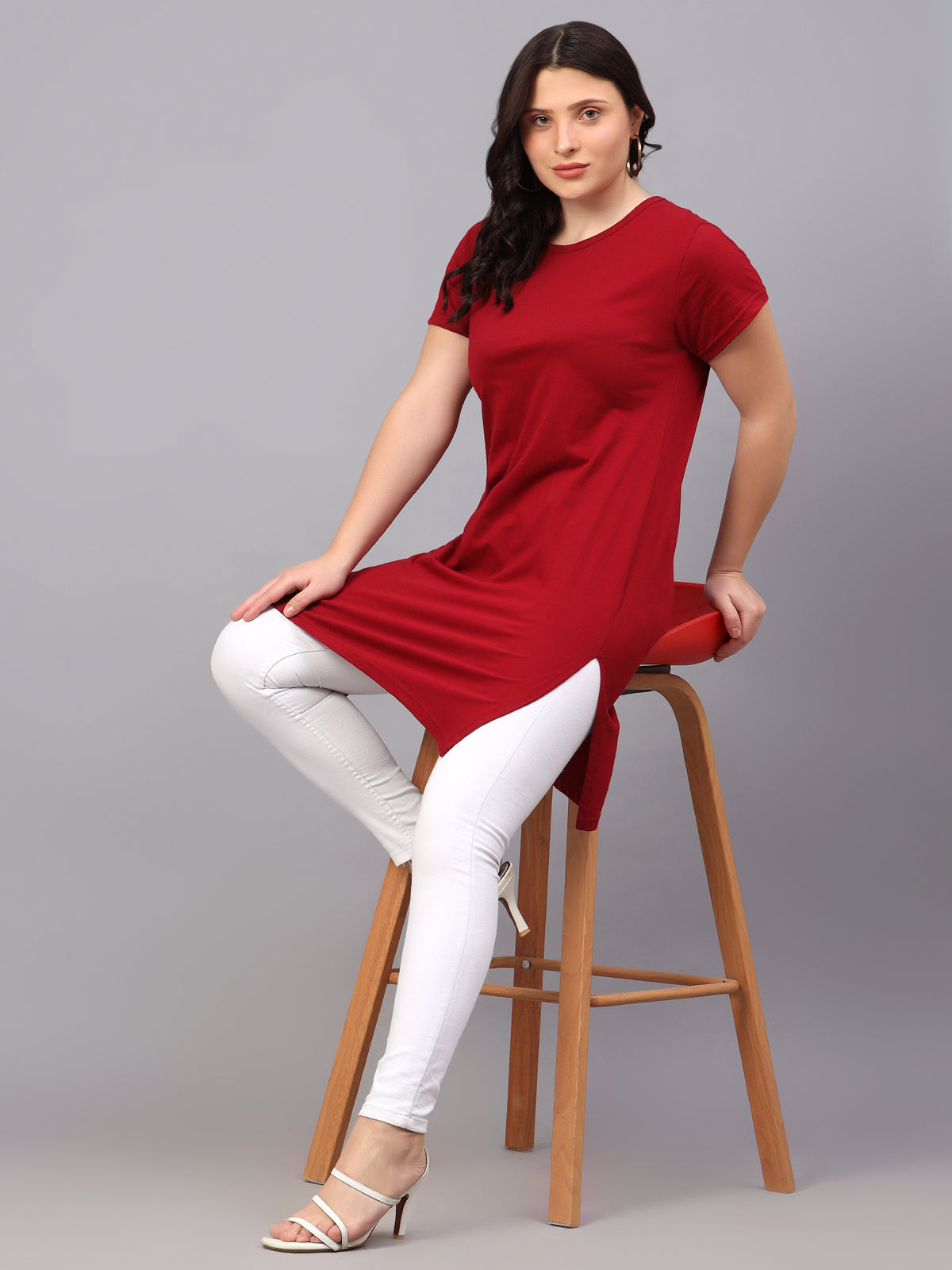 Women's Cotton Plain Round Neck Half Sleeve Long Top