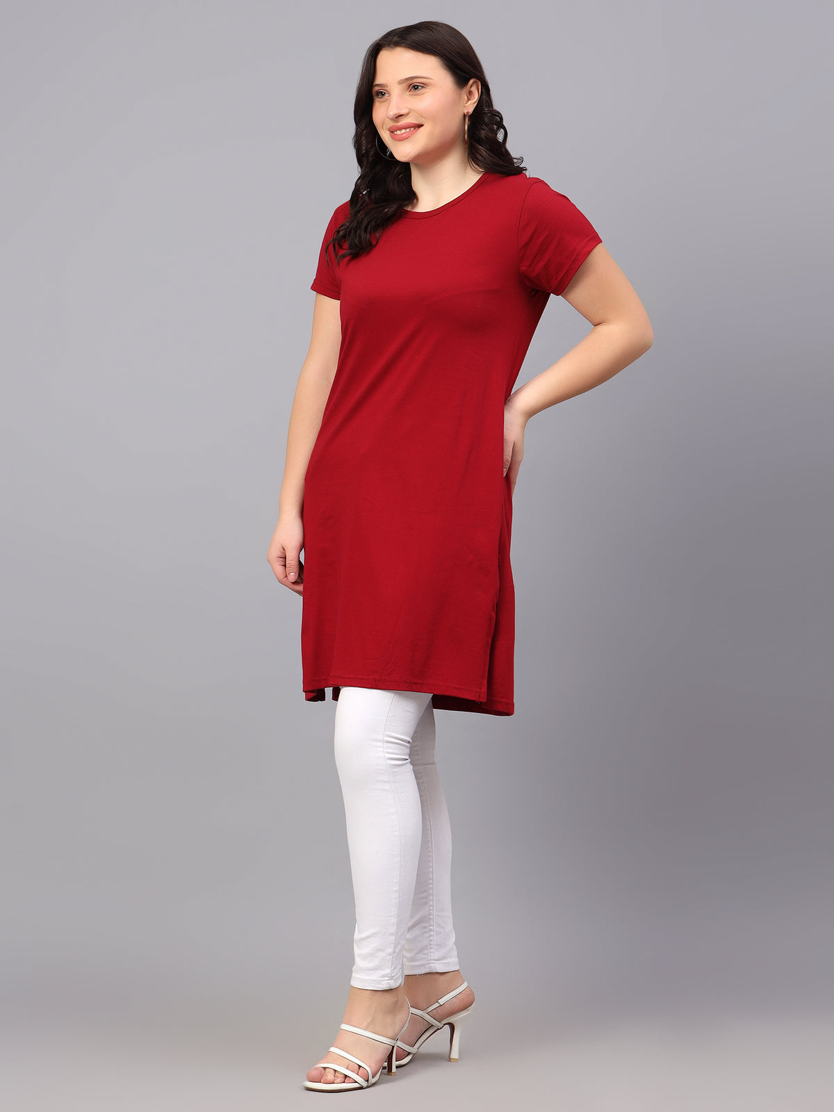 Women's Cotton Plain Round Neck Half Sleeve Long Top