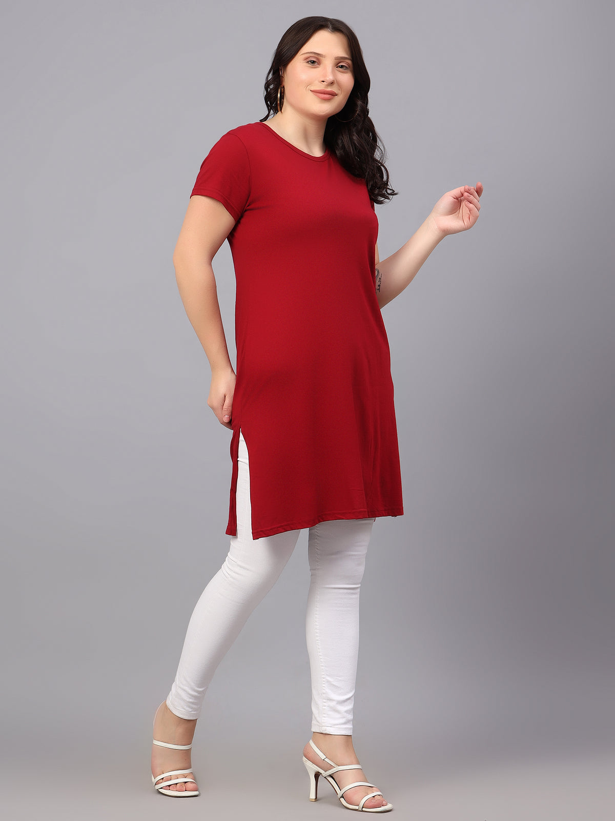 Women's Cotton Plain Round Neck Half Sleeve Long Top