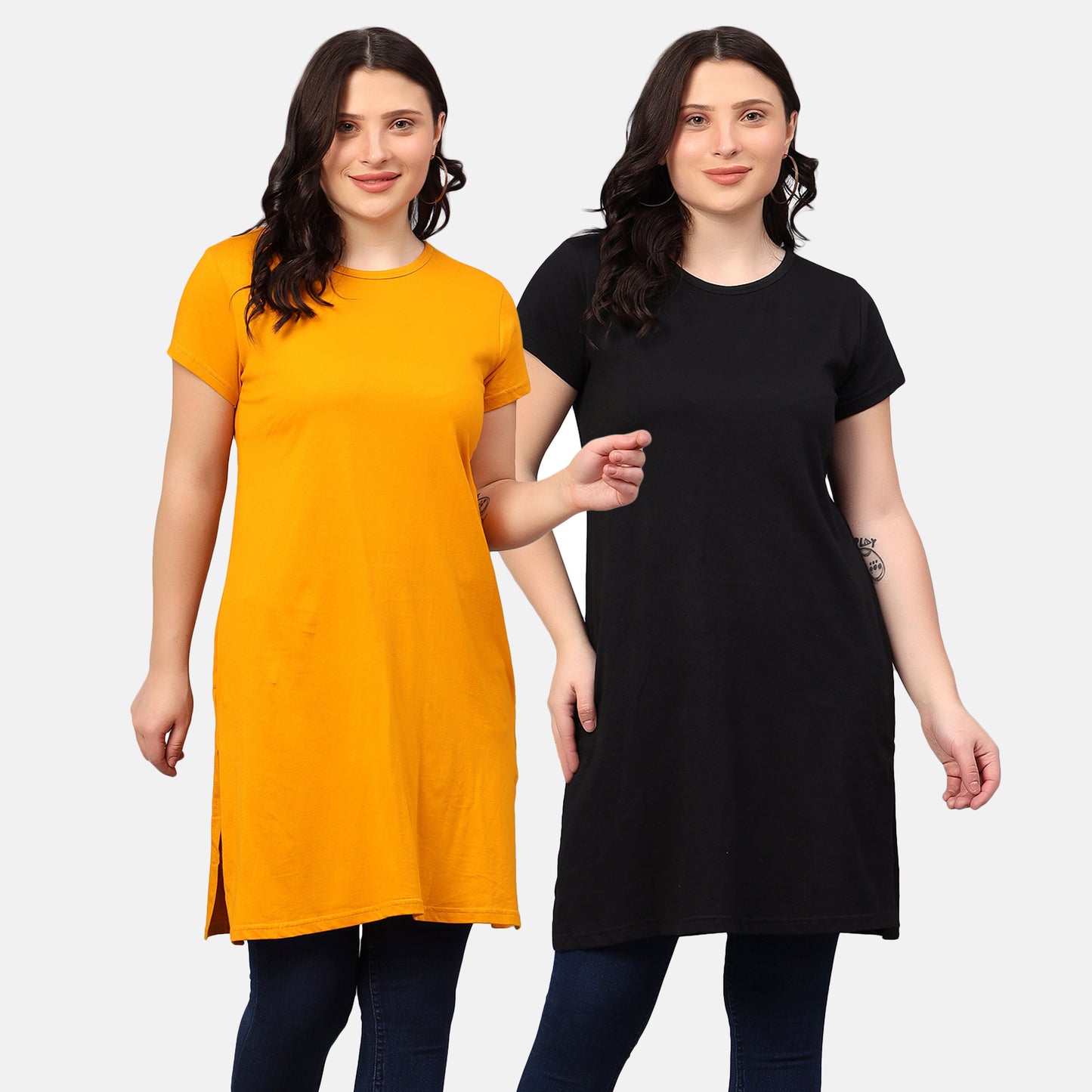 Women's Cotton Plain Round Neck Half Sleeve Long Top (Pack of 2)