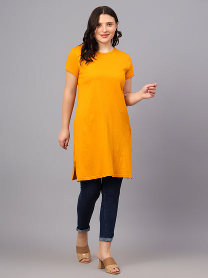 Women's Cotton Plain Round Neck Half Sleeve Long Top