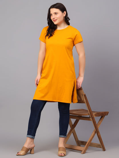 Women's Cotton Plain Round Neck Half Sleeve Long Top