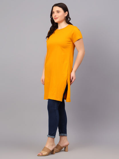 Women's Cotton Plain Round Neck Half Sleeve Long Top