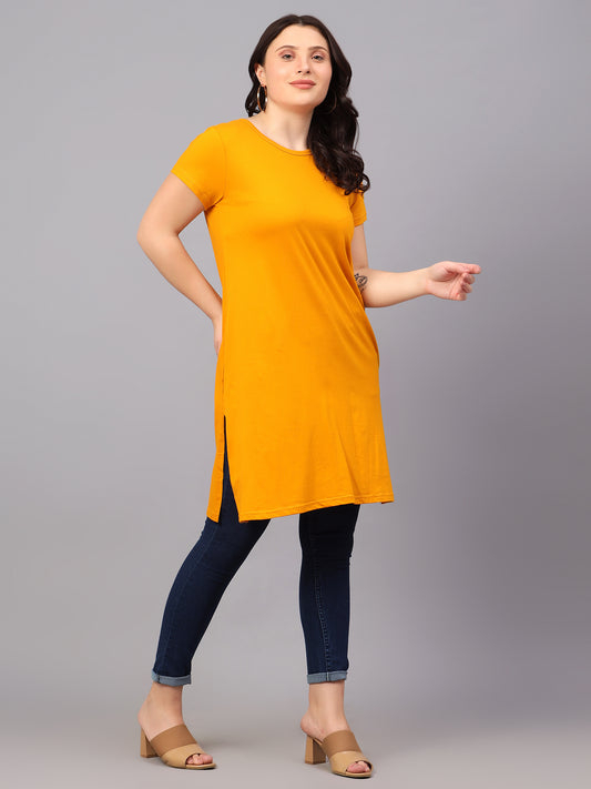 Women's Cotton Plain Round Neck Half Sleeve Long Top