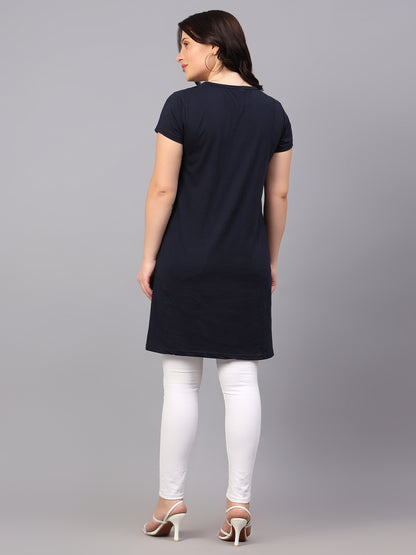 Women's Cotton Plain Round Neck Half Sleeve Long Top